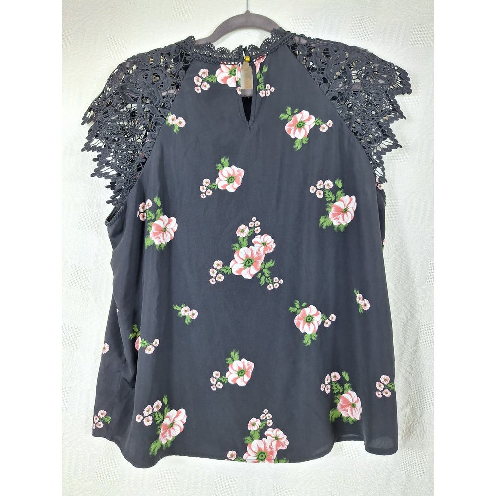 Women's blouse sleeveless nice black with pink flowers lace at shoulders